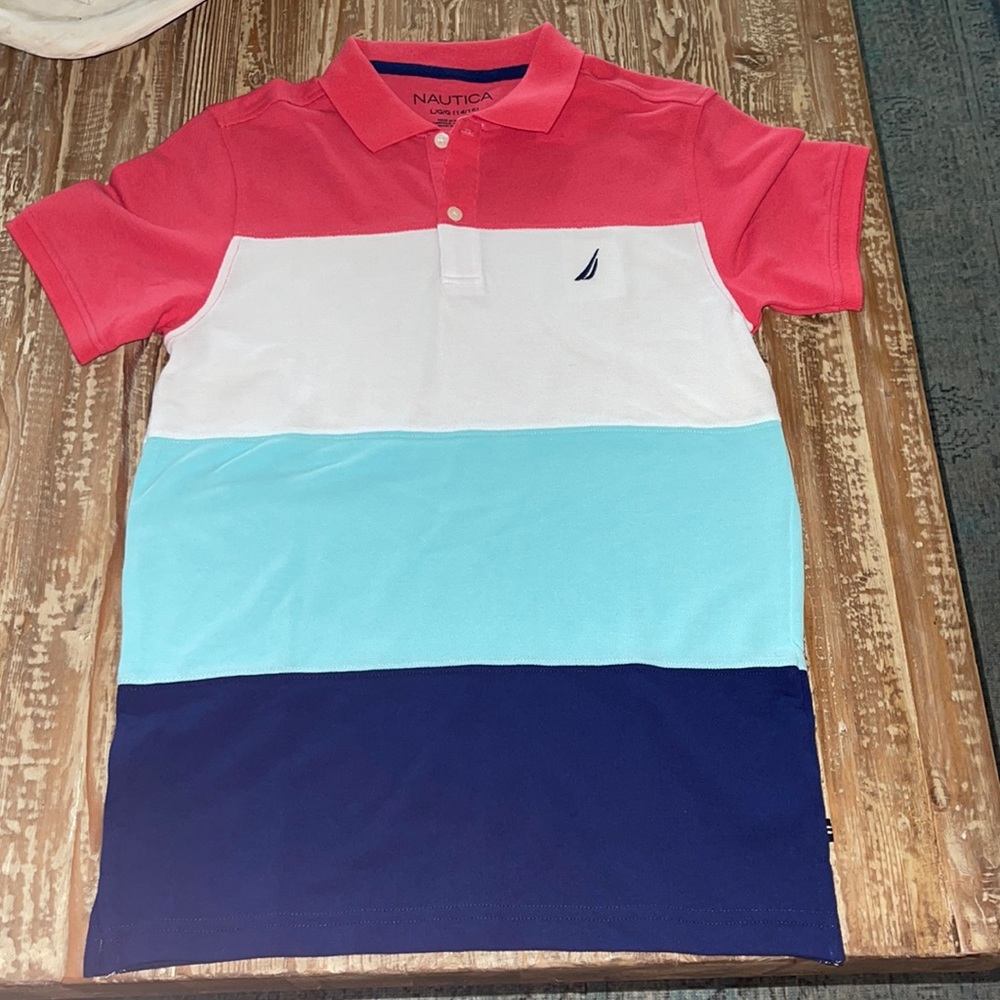 Boys Nautica polo shirt.  Salmon, teal, white and navy.  Large.  new with tags